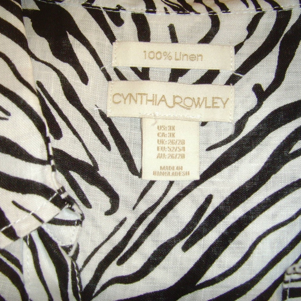 CYNTHIA ROWLEY 100% Linen Blouse 3X Zebra Print - Picture 10 of 13